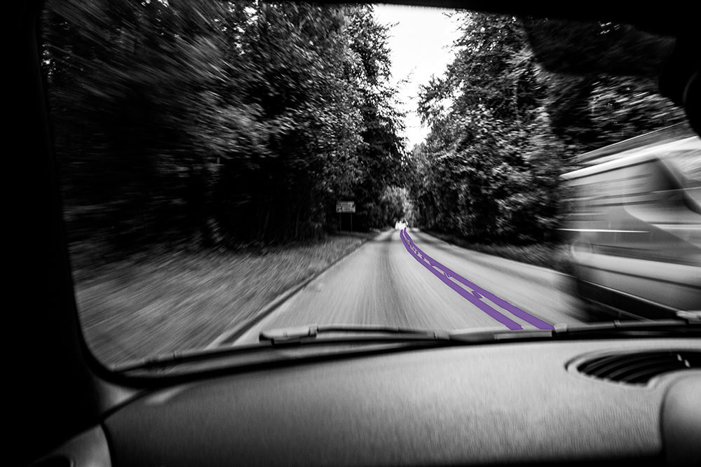 Black and white view from inside a moving car, blurred road with purple lines down the middle and trees through the windscreen, suggesting speed without clear direction. Busy going nowhere.  